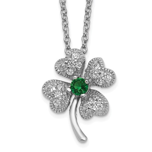 Cheryl M Sterling Silver Rhodium-plated Brilliant-cut Green Glass and Brilliant-cut White CZ Four Leaf Clover Necklace, 15"