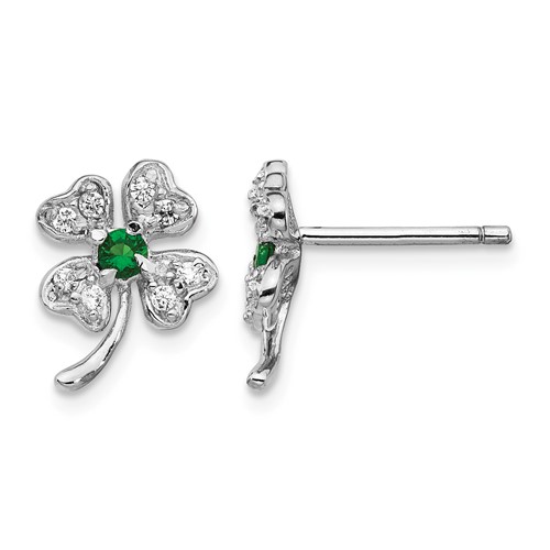 Cheryl M Sterling Silver Rhodium-plated Brilliant-cut Green Glass and Brilliant-cut White CZ Four Leaf Clover Post Earrings