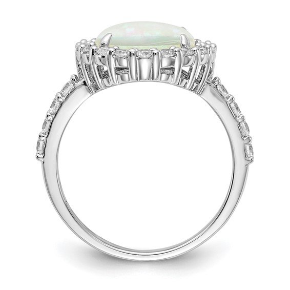 Cheryl M Sterling Silver Rhodium-plated Cabochon Lab Created Opal and Brilliant-cut CZ Halo Ring
