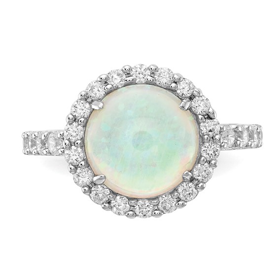 Cheryl M Sterling Silver Rhodium-plated Cabochon Lab Created Opal and Brilliant-cut CZ Halo Ring