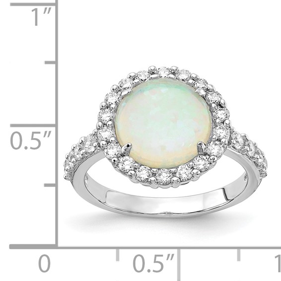 Cheryl M Sterling Silver Rhodium-plated Cabochon Lab Created Opal and Brilliant-cut CZ Halo Ring