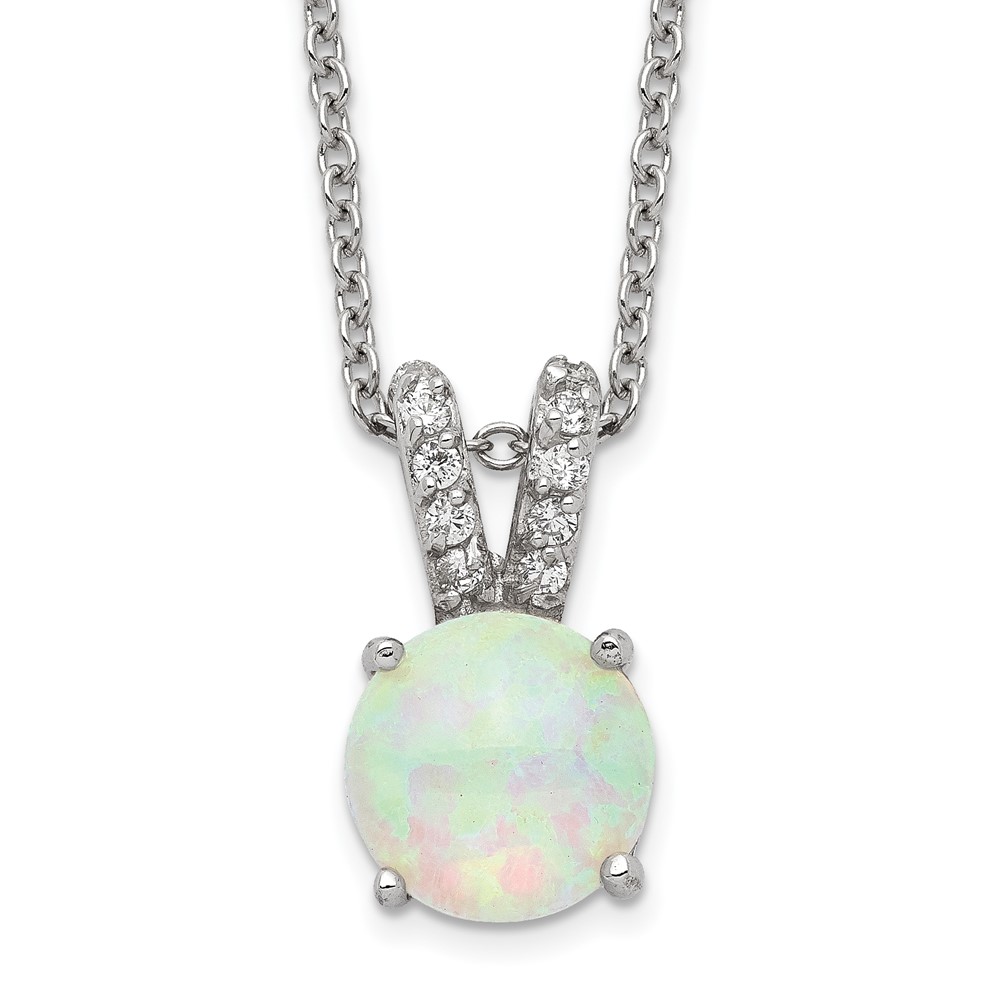 Sterling Silver Cheryl M Rh-p Lab Created White Opal Cabochon CZ Necklace