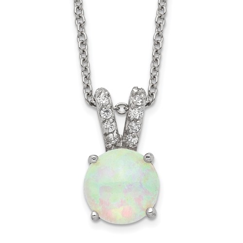 Cheryl M Sterling Silver Rhodium-plated Cabochon Lab Created Opal and Brilliant-cut CZ Split Bail Necklace, 18"