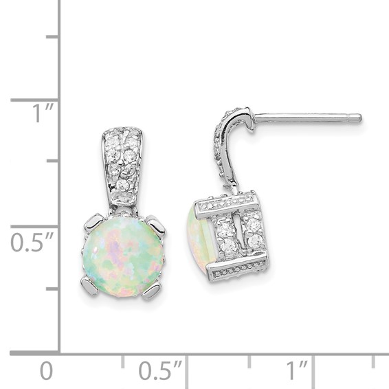 Cheryl M Sterling Silver Rhodium-plated 8mm Cabochon Lab Created Opal and Brilliant-cut CZ Post Dangle Earrings