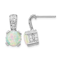 Cheryl M Sterling Silver Rhodium-plated 8mm Cabochon Lab Created Opal and Brilliant-cut CZ Post Dangle Earrings view 1