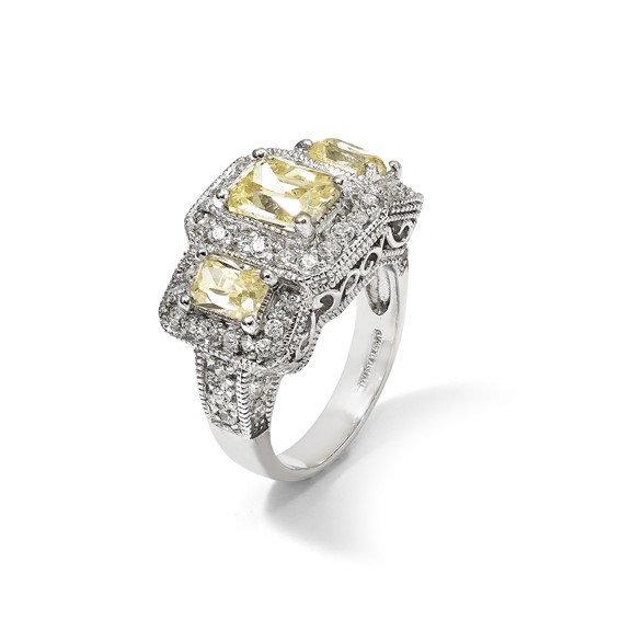 Cheryl M Sterling Silver Rhodium-plated Yellow Radiant-cut and White Brilliant-cut CZ 3 Stone Ring