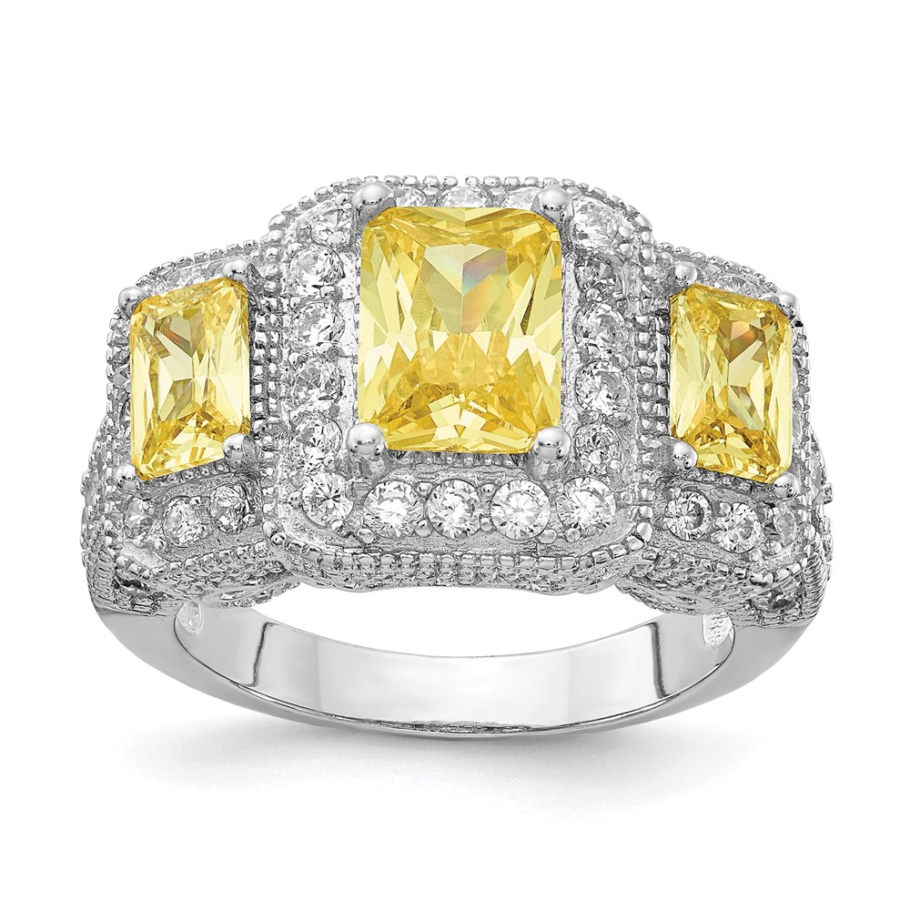 Cheryl M Sterling Silver Rhodium Plated Canary & White CZ 3-stone Ring