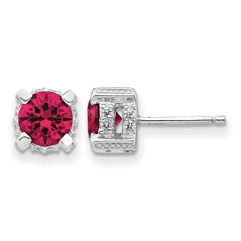 Cheryl M Sterling Silver Rhodium-plated Brilliant-cut 6.5mm Lab Created Ruby and Brilliant-cut White CZ Stud Post Earrings