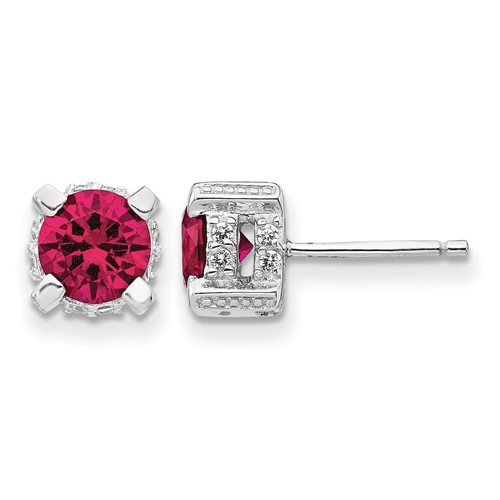 Cheryl M Sterling Silver Rhodium-plated Brilliant-cut 6.5mm Lab Created Ruby and Brilliant-cut White CZ Stud Post Earrings