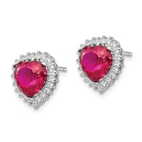Cheryl M Sterling Silver Rhodium-plated 100 Facet Lab Created Ruby and Brilliant-cut White CZ Heart Halo Post Earrings view 2