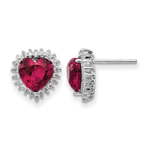 Cheryl M Sterling Silver Rhodium-plated 100 Facet Lab Created Ruby and Brilliant-cut White CZ Heart Halo Post Earrings