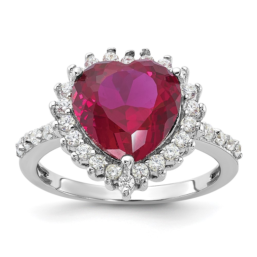 Cheryl M SS Rhodium Plated 100-facet Lab Created Ruby and CZ Heart Ring