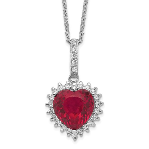 Cheryl M Sterling Silver Rhodium-plated 100 Facet Lab Created Ruby and Brilliant-cut White CZ Heart Halo Necklace, 18"