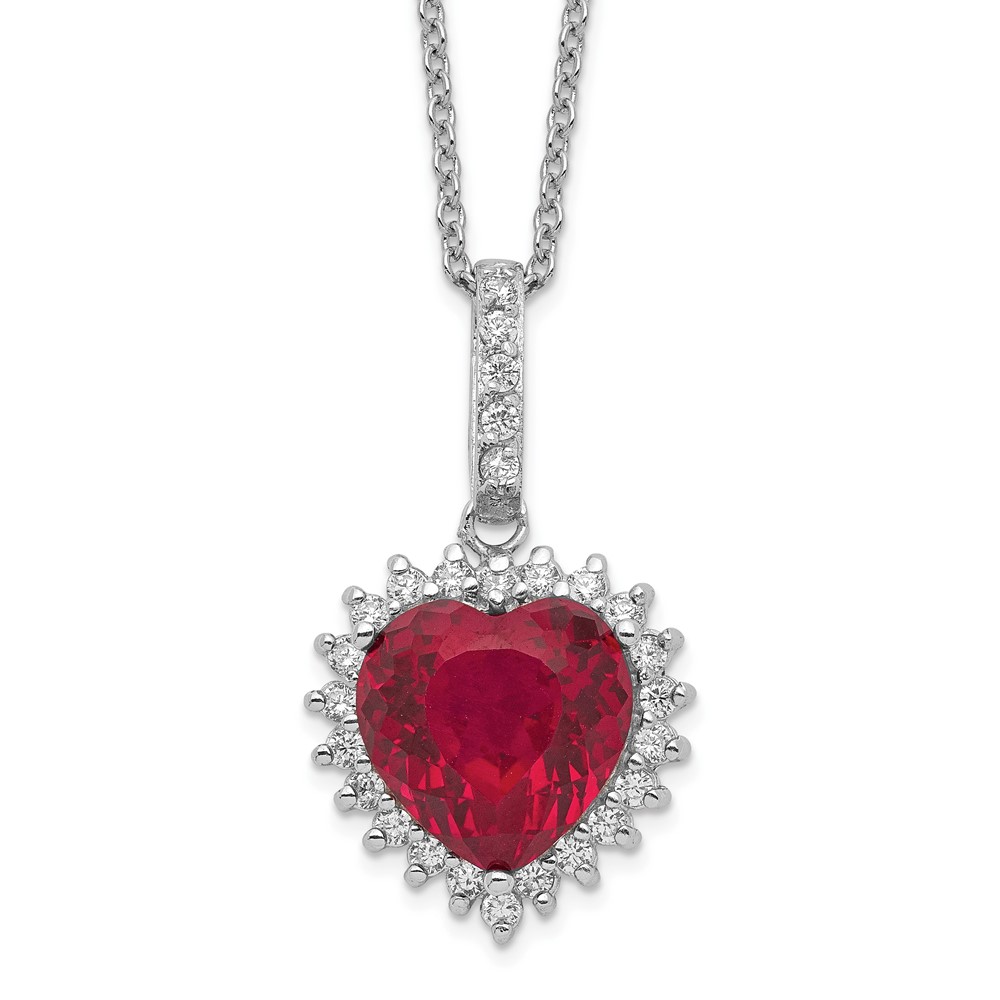 Cheryl M SS RH 100-facet Created Ruby and CZ Heart 18in Necklace