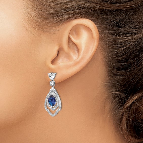 Cheryl M Sterling Silver Rhodium-plated Fancy Brilliant-cut Lab Created Dark Blue Spinel and Brilliant-cut White CZ Post Dangle Earrings