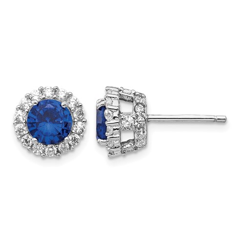 Cheryl M Sterling Silver Rhodium-plated Brilliant-cut Lab Created Dark Blue Spinel and Brilliant-cut White CZ Round Halo Post Earrings