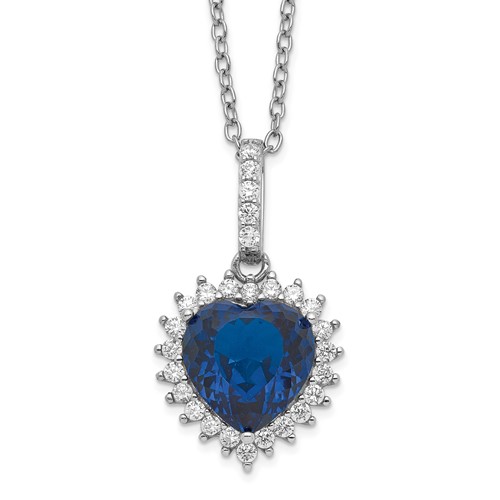 Cheryl M Sterling Silver Rhodium-plated 100 Facet Lab Created Dark Blue Spinel and Brilliant-cut White CZ Heart Halo Necklace, 18"