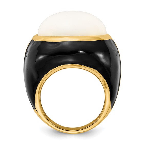 Cheryl M Sterling Silver Gold-plated Black Enamel, Simulated White Agate & CZ Ring