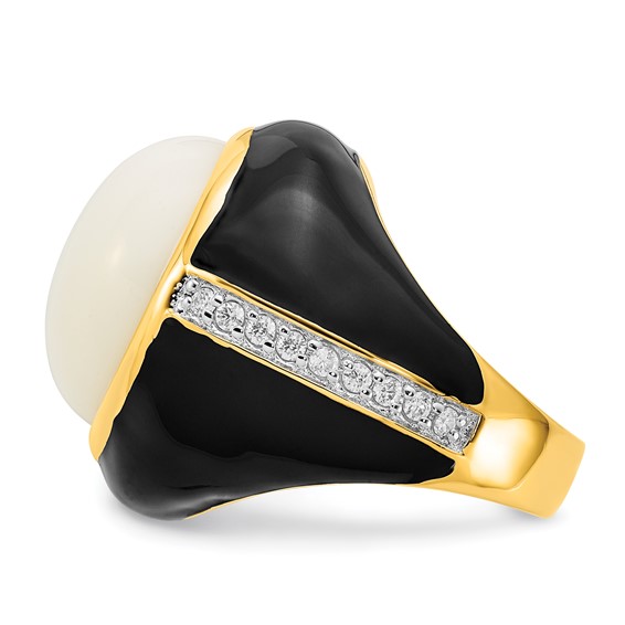 Cheryl M Sterling Silver Gold-plated Black Enamel, Simulated White Agate & CZ Ring