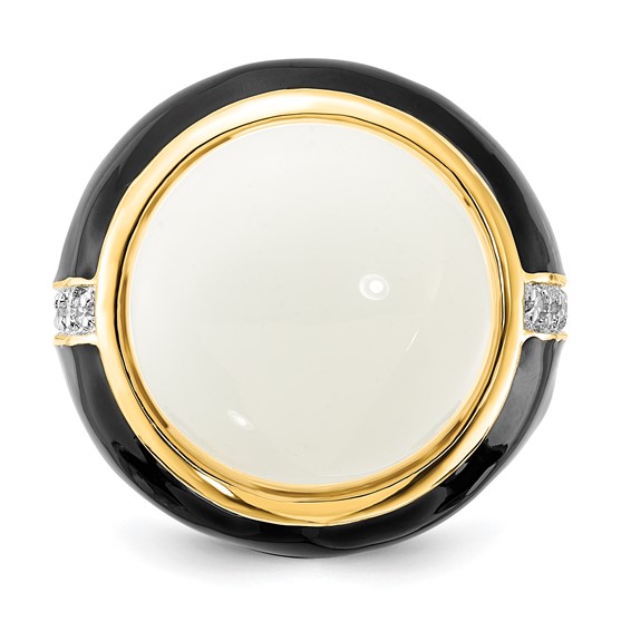 Cheryl M Sterling Silver Gold-plated Black Enamel, Simulated White Agate & CZ Ring