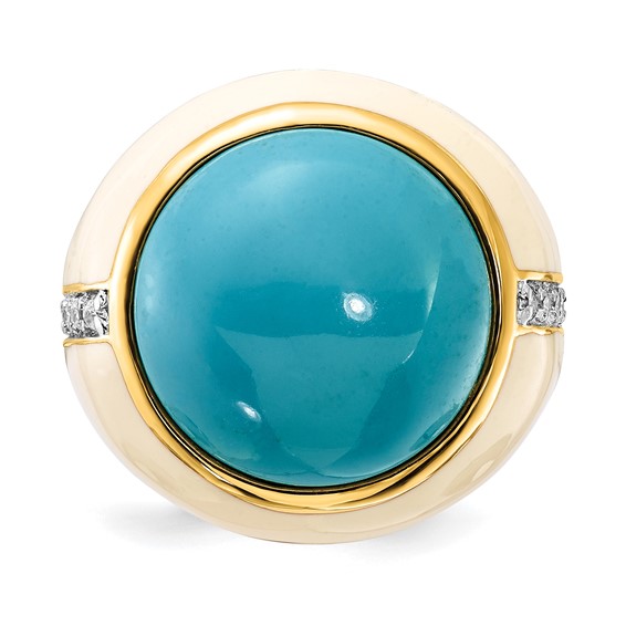 Sterling Silver Gold-plated White Enamel Sim. Turquoise & CZ Ring