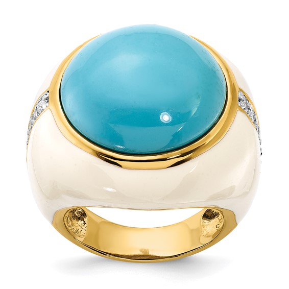 Sterling Silver Gold-plated White Enamel Sim. Turquoise & CZ Ring