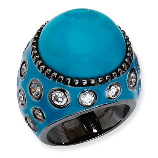Black-plated Sterling Silver Enameled Simulated Turquoise & CZ Ring