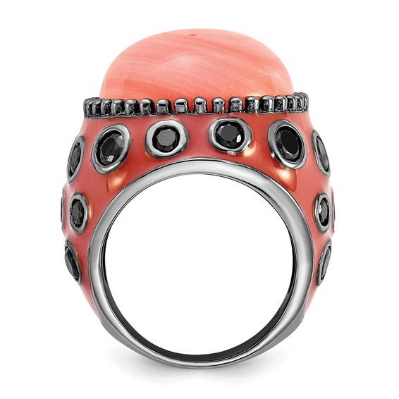 Sterling Silver Black-plated & Enameled Simulated Red Coral & CZ Ring
