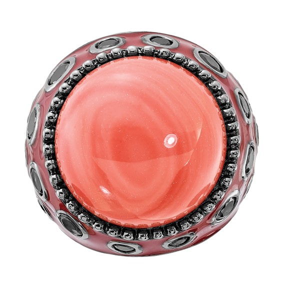 Sterling Silver Black-plated & Enameled Simulated Red Coral & CZ Ring