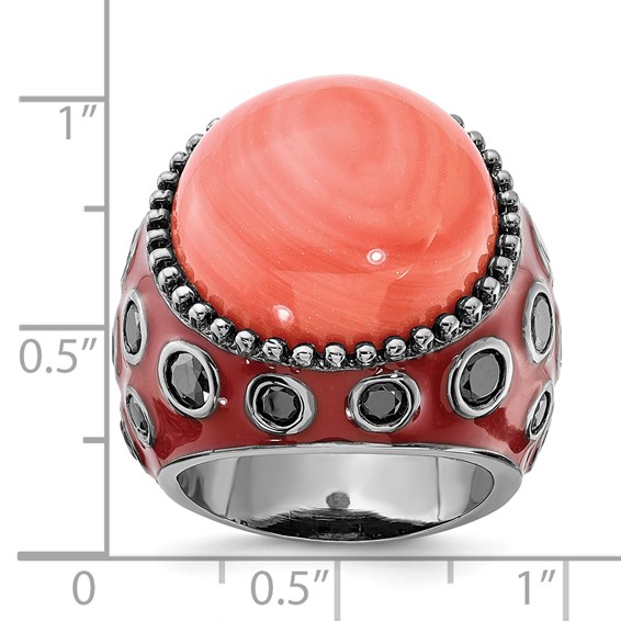 Sterling Silver Black-plated & Enameled Simulated Red Coral & CZ Ring