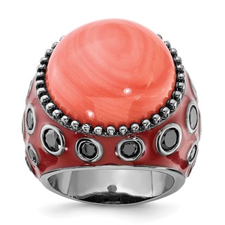 Sterling Silver Black-plated & Enameled Simulated Red Coral & CZ Ring