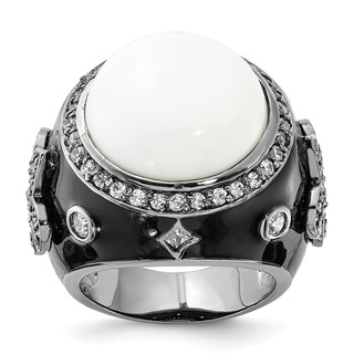 Sterling Silver Black Rhodium-plated Black Enamel Simulated White Agate & CZ Fleur de Lis Ring
