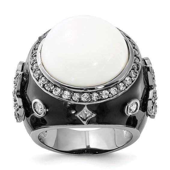 Sterling Silver Black Rhodium-plated Black Enamel Simulated White Agate & CZ Fleur de Lis Ring