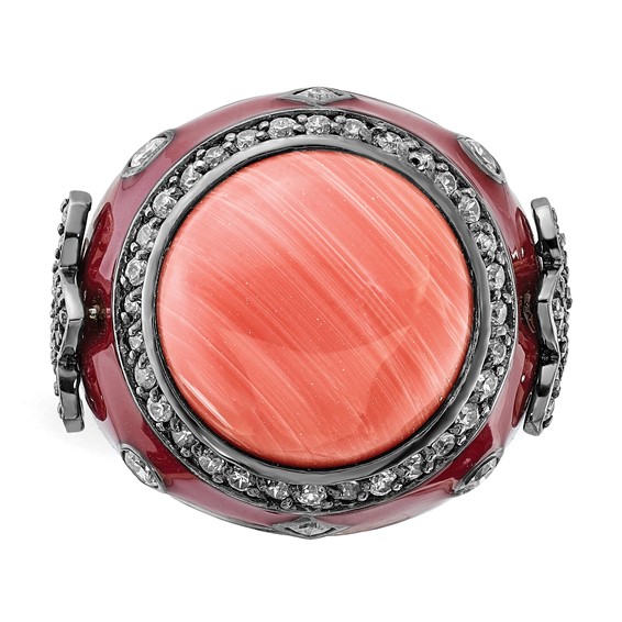 Sterling Silver Black Rhodium-plated Red Enamel Simulated Coral & CZ Fleur de Lis Ring
