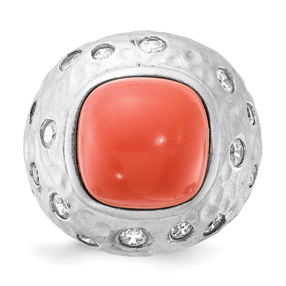 Cheyl M Sterling Silver Satin Simulated Red Coral & CZ Ring