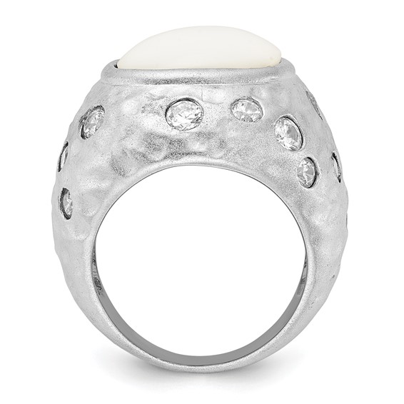 Cheryl M Sterling Silver Satin Simulated White Agate & CZ Ring