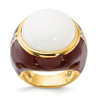 Sterling Silver Gold-plated Brown Enamel Simulated White Agate & CZ Ring