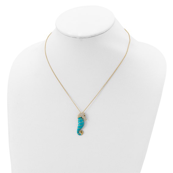 Cheryl M Sterling Silver Gold-plated Enameled Brilliant-cut Black and White CZ Seahorse 18 Inch Necklace