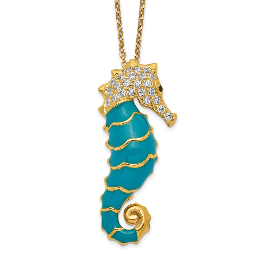 Sterling Silver Cheryl M Rh-p Gold-plated Enameled CZ Seahorse Necklace