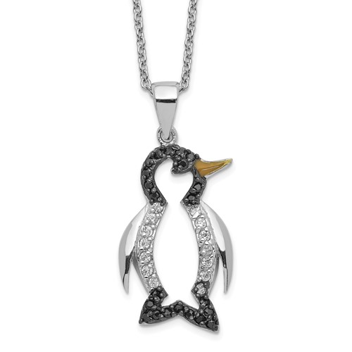 Cheryl M Sterling Silver Rhodium-plated Necklace with Black Rhodium Accent Enameled Brilliant-cut Black and White CZ Penguin, 18"
