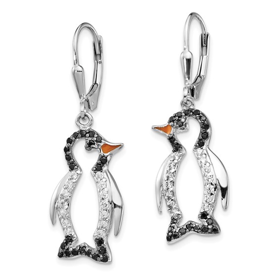Cheryl M Sterling Silver Rhodium-plated with Black Rhodium Accent Enameled Brilliant-cut Black and White CZ Penguin Leverback Dangle Earrings