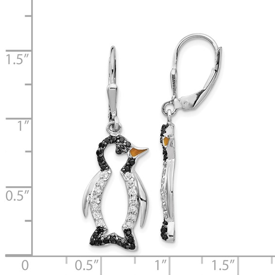 Cheryl M Sterling Silver Rhodium-plated with Black Rhodium Accent Enameled Brilliant-cut Black and White CZ Penguin Leverback Dangle Earrings