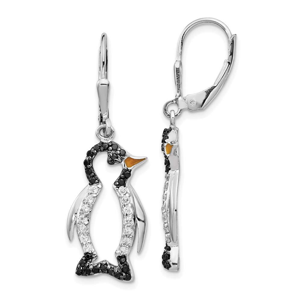 Cheryl M SS Rhodium Plated Enamel w/ Black & White CZ Penguin Earrings