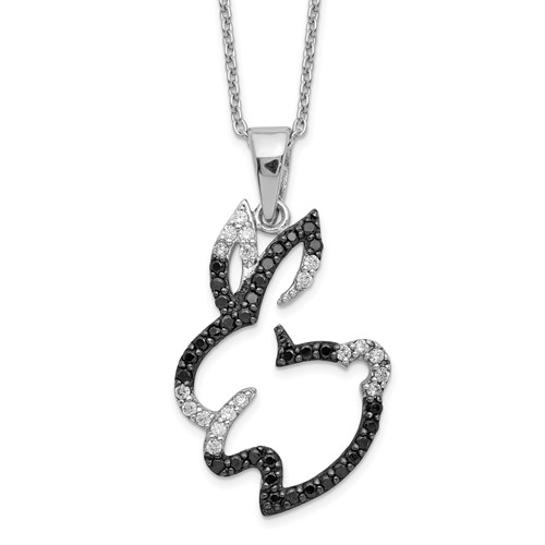 Cheryl M Sterling Silver Rhodium-plated Necklace with Black Rhodium Accent Brilliant-cut Black and White CZ Bunny Rabbit, 18"