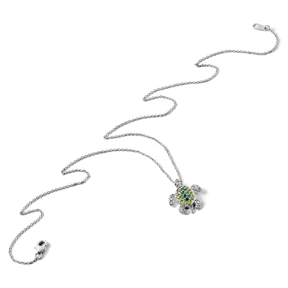 Cheryl M Sterling Silver Rhodium-plated Brilliant-cut Green Glass and Brilliant-cut White CZ Turtle 18 Inch Necklace