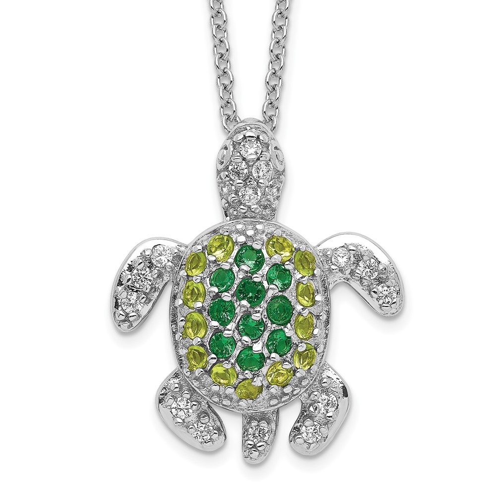 Sterling Silver Cheryl M Rh-p Sim.Peridot Sim.Emerald CZ Turtle Necklace