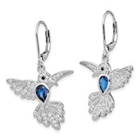 Cheryl M Sterling Silver Rhodium-plated Brilliant-cut Lab Created Dark Blue Spinel and Brilliant-cut White CZ Hummingbird Leverback Dangle Earrings view 2