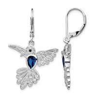 Cheryl M Sterling Silver Rhodium-plated Brilliant-cut Lab Created Dark Blue Spinel and Brilliant-cut White CZ Hummingbird Leverback Dangle Earrings view 1