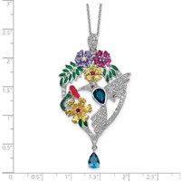 Cheryl M Sterling Silver Rhodium-plated Enameled Multicolor Brilliant-cut Glass and CZ Floral Hummingbird Necklace, 18" view 3