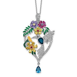 Cheryl M Sterling Silver Rhodium-plated Enameled Multicolor Brilliant-cut Glass and CZ Floral Hummingbird 18 Inch Necklace
